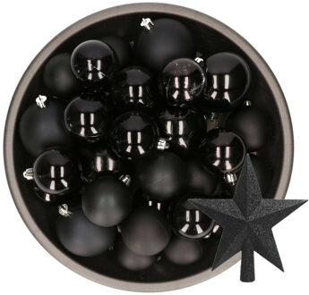 Decoris Kerstversiering kunststof kerstballen met piek zwart 6-8-10 cm pakket van 45x stuks