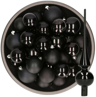 Decoris Kerstversiering kunststof kerstballen met piek zwart 6-8-10 cm pakket van 45x stuks