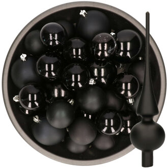 Decoris Kerstversiering kunststof kerstballen met piek zwart 6-8-10 cm pakket van 45x stuks