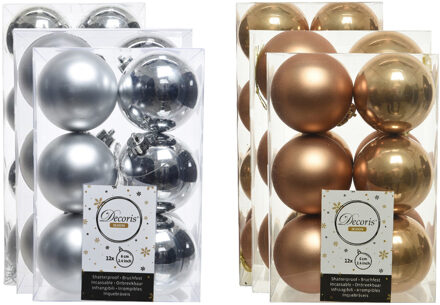 Decoris Kerstversiering kunststof kerstballen mix camel bruin/zilver 4-6-8 cm pakket van 68x stuks