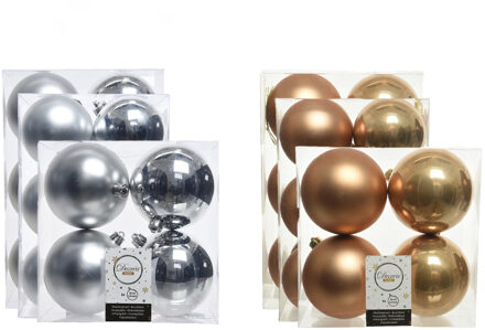 Decoris Kerstversiering kunststof kerstballen mix camel bruin/zilver 6-8-10 cm pakket van 44x stuks
