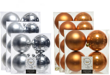 Decoris Kerstversiering kunststof kerstballen mix cognac bruin/zilver 6-8-10 cm pakket van 44x stuks - Kerstbal Multikleur