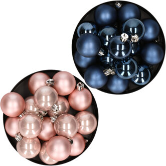 Decoris Kerstversiering kunststof kerstballen mix donkerblauw/lichtroze 4 en 6 cm pakket van 80x stuks