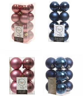 Decoris Kerstversiering kunststof kerstballen mix donkerblauw/oud roze 4 en 6 cm pakket van 80x stuks - Kerstbal Multikleur