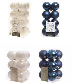 Decoris Kerstversiering kunststof kerstballen mix donkerblauw/parelmoer wit 4 en 6 cm pakket van 80x stuks