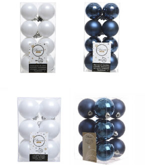Decoris Kerstversiering kunststof kerstballen mix donkerblauw/winter wit 4 en 6 cm pakket van 80x stuks