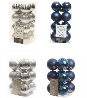 Decoris Kerstversiering kunststof kerstballen mix donkerblauw/zilver 4 en 6 cm pakket van 80x stuks