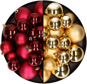 Decoris Kerstversiering kunststof kerstballen mix donkerrood/goud 6-8-10 cm pakket van 44x stuks