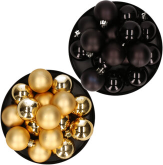 Decoris Kerstversiering kunststof kerstballen mix goud/zwart 4 en 6 cm pakket van 80x stuks