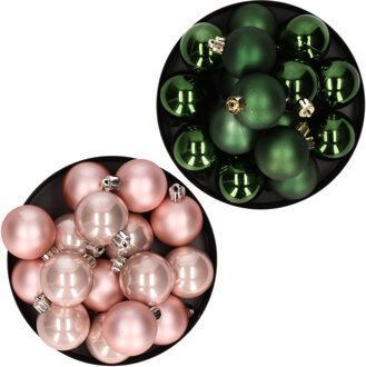 Decoris Kerstversiering kunststof kerstballen mix lichtroze/ donkergroen 4 en 6 cm pakket van 80x stuks