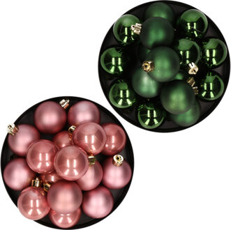 Decoris Kerstversiering kunststof kerstballen mix oud roze/ donkergroen 4 en 6 cm pakket van 80x stuks