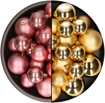 Decoris Kerstversiering kunststof kerstballen mix oud roze/goud 4-6-8 cm pakket van 68x stuks