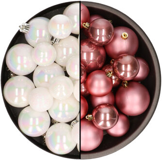 Decoris Kerstversiering kunststof kerstballen mix oud roze/parelmoer wit 4-6-8 cm pakket van 68x stuks - Kerstbal Multikleur