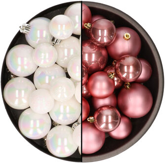 Decoris Kerstversiering kunststof kerstballen mix oud roze/parelmoer wit 4-6-8 cm pakket van 68x stuks