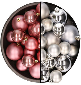 Decoris Kerstversiering kunststof kerstballen mix oud roze/zilver 4-6-8 cm pakket van 68x stuks