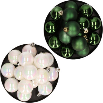 Decoris Kerstversiering kunststof kerstballen mix parelmoer wit/ donkergroen 4 en 6 cm pakket van 80x stuks
