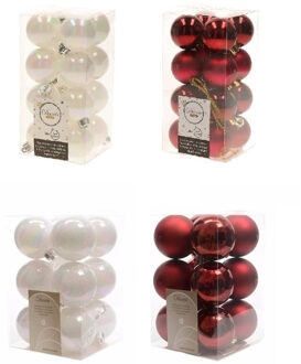Decoris Kerstversiering kunststof kerstballen mix parelmoer wit/donkerrood 4 en 6 cm pakket van 80x stuks