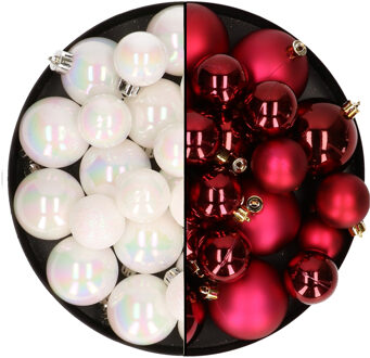 Decoris Kerstversiering kunststof kerstballen mix parelmoer wit/donkerrood 6-8-10 cm pakket van 44x stuks