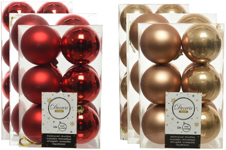 Decoris Kerstversiering kunststof kerstballen mix rood/camel bruin 4-6-8 cm pakket van 68x stuks