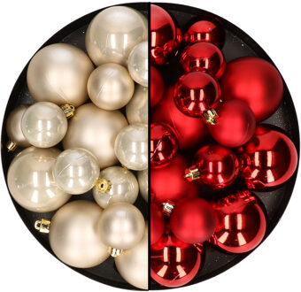 Decoris Kerstversiering kunststof kerstballen mix rood/champagne 4-6-8 cm pakket van 68x stuks - Kerstbal Multikleur