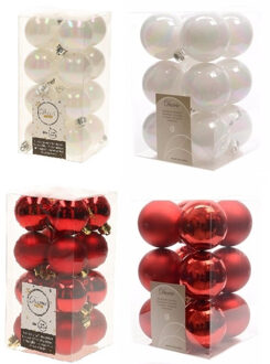 Decoris Kerstversiering kunststof kerstballen mix rood/ parelmoer wit 4 en 6 cm pakket van 80x stuks