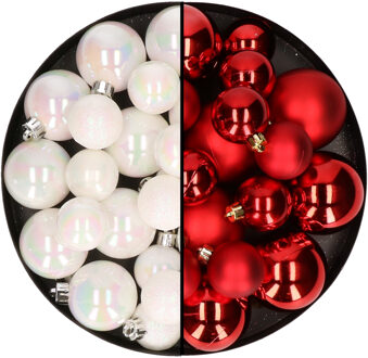 Decoris Kerstversiering kunststof kerstballen mix rood/parelmoer wit 6-8-10 cm pakket van 44x stuks