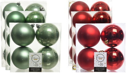 Decoris Kerstversiering kunststof kerstballen mix rood/salie groen 6-8-10 cm pakket van 44x stuks - Kerstbal Multikleur