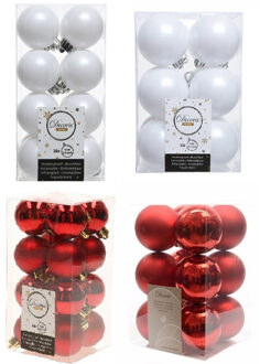 Decoris Kerstversiering kunststof kerstballen mix rood/ winter wit 4 en 6 cm pakket van 80x stuks - Kerstbal Multikleur