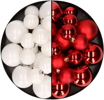 Decoris Kerstversiering kunststof kerstballen mix rood/winter wit 6-8-10 cm pakket van 44x stuks