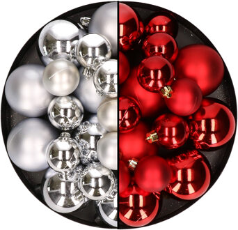 Decoris Kerstversiering kunststof kerstballen mix rood/zilver 6-8-10 cm pakket van 44x stuks