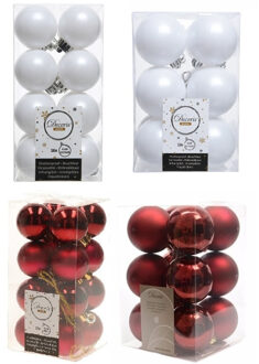 Decoris Kerstversiering kunststof kerstballen mix winter wit/donkerrood 4 en 6 cm pakket van 80x stuks