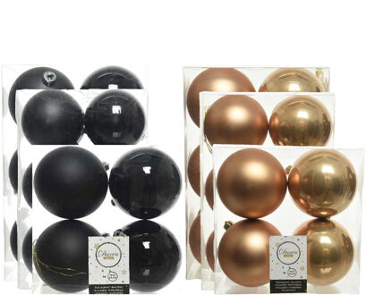 Decoris Kerstversiering kunststof kerstballen mix zwart/camel 6-8-10 cm pakket van 44x stuks