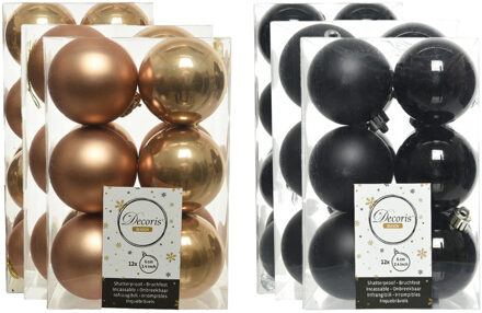 Decoris Kerstversiering kunststof kerstballen mix zwart/camel bruin 4-6-8 cm pakket van 68x stuks - Kerstbal Multikleur