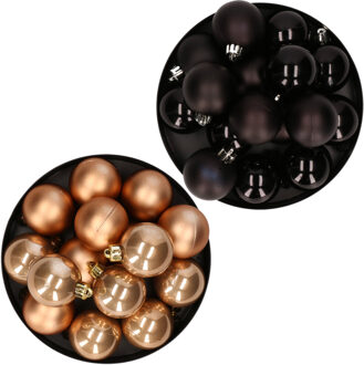 Decoris Kerstversiering kunststof kerstballen mix zwart/ camel bruin 4 en 6 cm pakket van 80x stuks