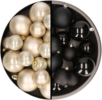 Decoris Kerstversiering kunststof kerstballen mix zwart/champagne 4-6-8 cm pakket van 68x stuks
