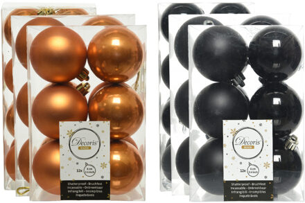 Decoris Kerstversiering kunststof kerstballen mix zwart/cognac bruin 4-6-8 cm pakket van 68x stuks
