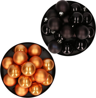 Decoris Kerstversiering kunststof kerstballen mix zwart/ cognac bruin 4 en 6 cm pakket van 80x stuks
