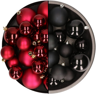 Decoris Kerstversiering kunststof kerstballen mix zwart/donkerrood 4-6-8 cm pakket van 68x stuks