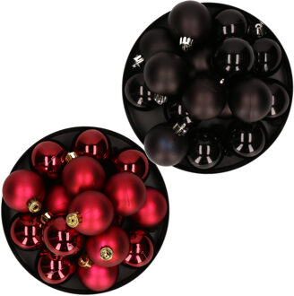 Decoris Kerstversiering kunststof kerstballen mix zwart/donkerrood 4 en 6 cm pakket van 80x stuks
