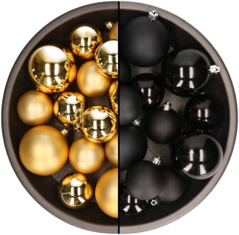 Decoris Kerstversiering kunststof kerstballen mix zwart/goud 4-6-8 cm pakket van 68x stuks