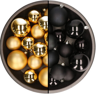 Decoris Kerstversiering kunststof kerstballen mix zwart/goud 6-8-10 cm pakket van 44x stuks
