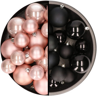 Decoris Kerstversiering kunststof kerstballen mix zwart/lichtroze 4-6-8 cm pakket van 68x stuks