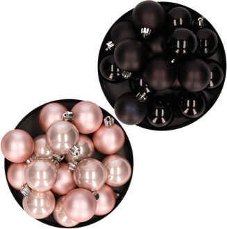 Decoris Kerstversiering kunststof kerstballen mix zwart/ lichtroze 4 en 6 cm pakket van 80x stuks