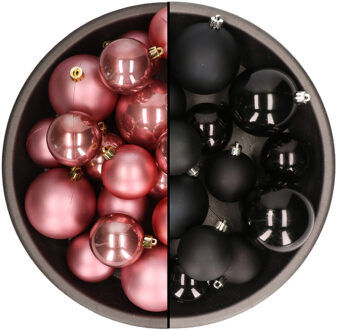 Decoris Kerstversiering kunststof kerstballen mix zwart/oud roze 4-6-8 cm pakket van 68x stuks