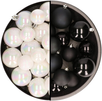 Decoris Kerstversiering kunststof kerstballen mix zwart/parelmoer wit 4-6-8 cm pakket van 68x stuks