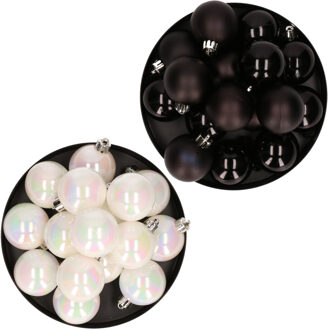 Decoris Kerstversiering kunststof kerstballen mix zwart/ parelmoer wit 4 en 6 cm pakket van 80x stuks