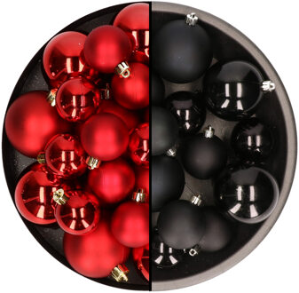 Decoris Kerstversiering kunststof kerstballen mix zwart/rood 6-8-10 cm pakket van 44x stuks