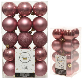 Decoris Kerstversiering kunststof kerstballen oud roze 4-6 cm pakket van 46x stuks - Kerstbal