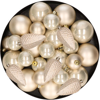 Decoris Kerstversiering kunststof kerstballen parel/champagne 6-8-10 cm pakket van 50x stuks