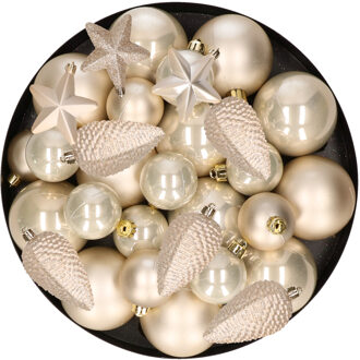 Decoris Kerstversiering kunststof kerstballen parel/champagne 6-8-10 cm pakket van 62x stuks - Kerstbal Champagnekleurig